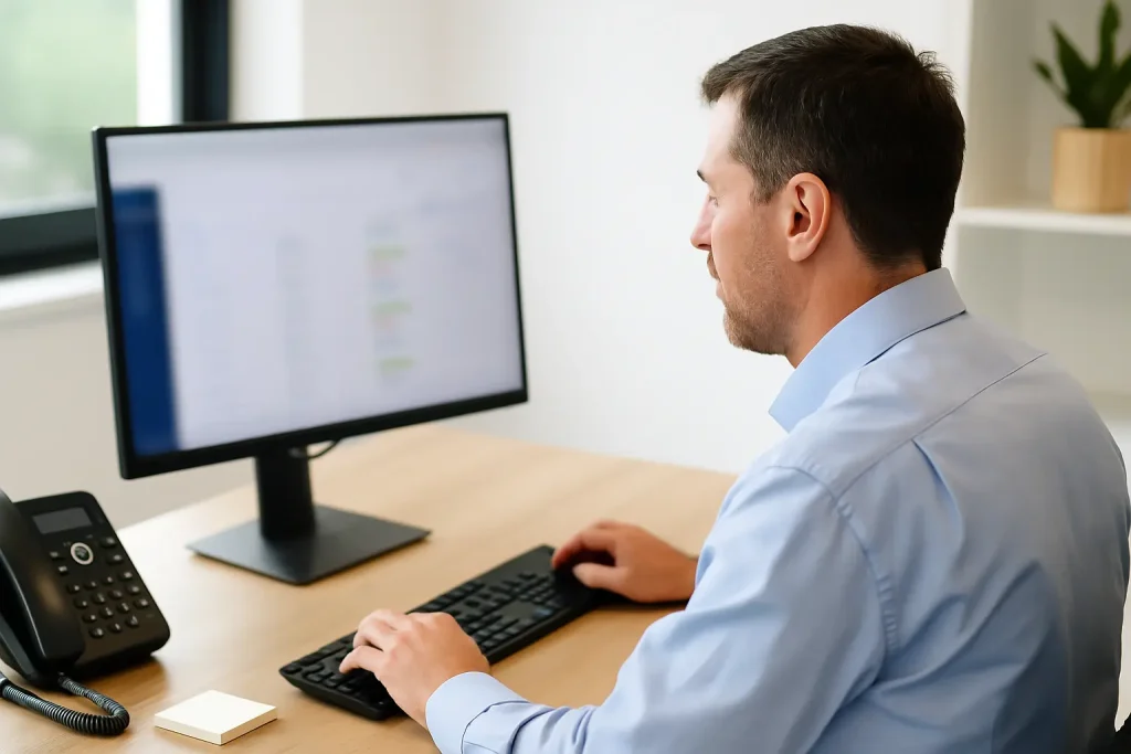 Middle-aged auto transport broker using a computer in a modern office with a blurred monitor, organized desk, and professional workspace setup.