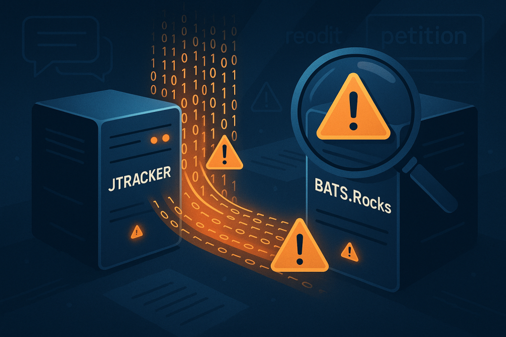 Illustration of data migrating from JTracker to BATS.Rocks with binary streams, warning signs, and a magnifying glass symbolizing public scrutiny.