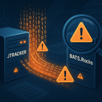 Illustration of data migrating from JTracker to BATS.Rocks with binary streams, warning signs, and a magnifying glass symbolizing public scrutiny.