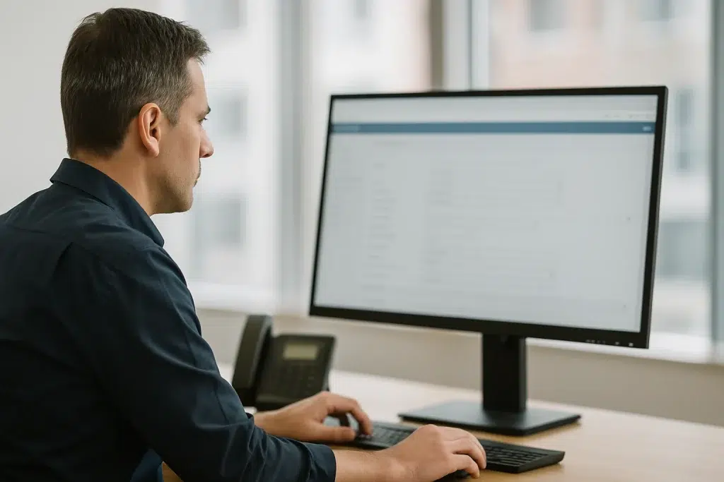 Man working at a computer in a modern office while building an order inside auto transport software, with a blurred screen and organized desk setup.