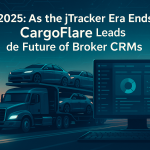 Auto transport truck with digital CRM dashboard and data overlay, representing transition from jTracker to CargoFlare