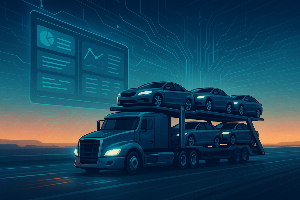 Car hauler truck driving at sunset with glowing digital dashboard and circuit background representing auto transport CRM innovation