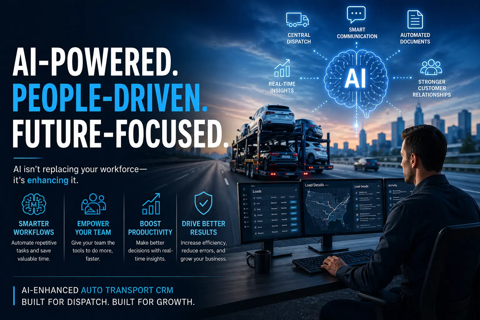 AI-powered auto transport CRM improving dispatcher workflows, Central Dispatch integration, and logistics efficiency
