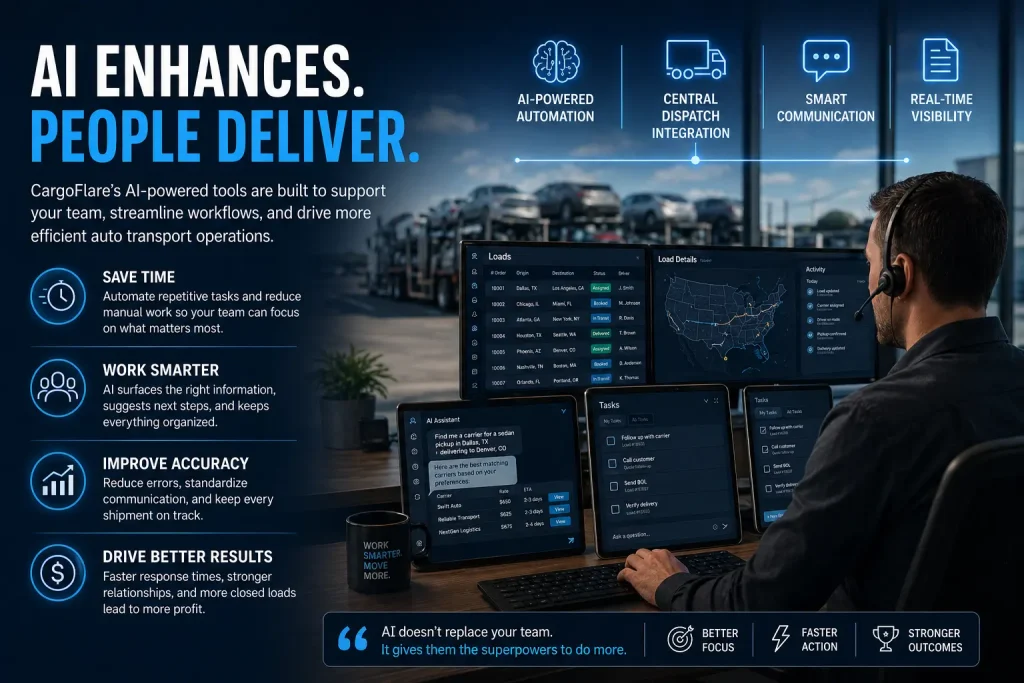 AI Auto Transport CRM AI enhances auto transport workflows with automation, Central Dispatch integration, and real-time visibility for dispatchers